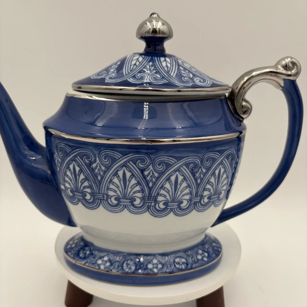 Bombay Blue White Silver Trim‎ Ceramic Teapot Decorative VTG